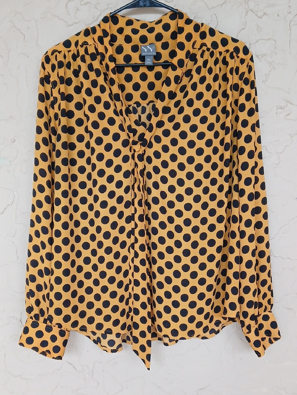 Worthington Mustard and Black Polka Dot Tie-Neck Blouse